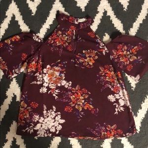 NEVER WORN Floral burgundy cold shoulder blouse.